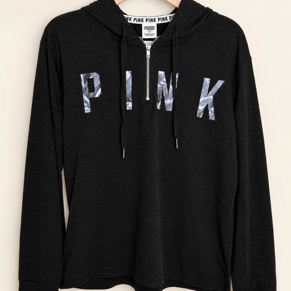 Victoria's Secret PINK Black Half Zip Hoodie Logo Pullover